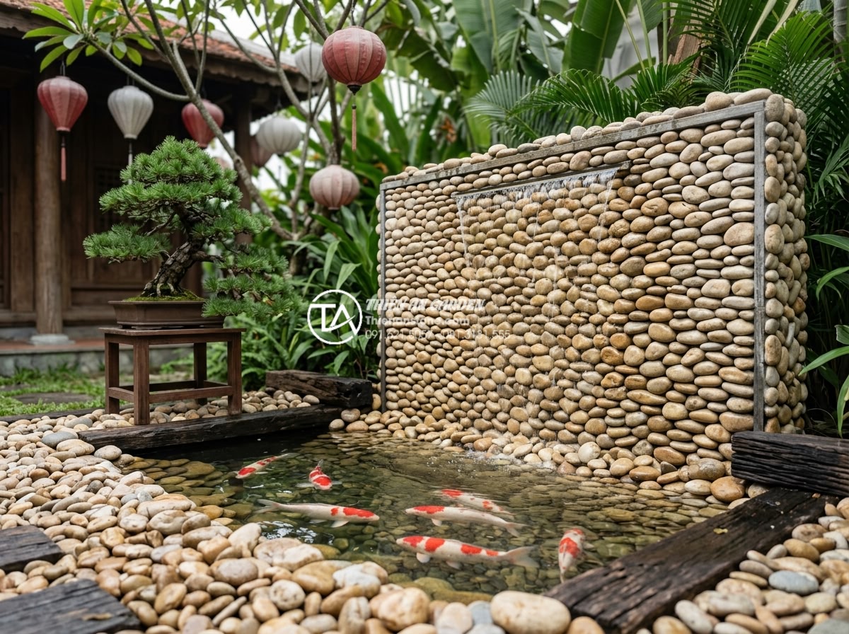 Tiểu cảnh vách tường kết hợp hồ cá Koi mini dưới chân tường - Modern minimalist Japanese style stone wall water feature with Koi pond, black n