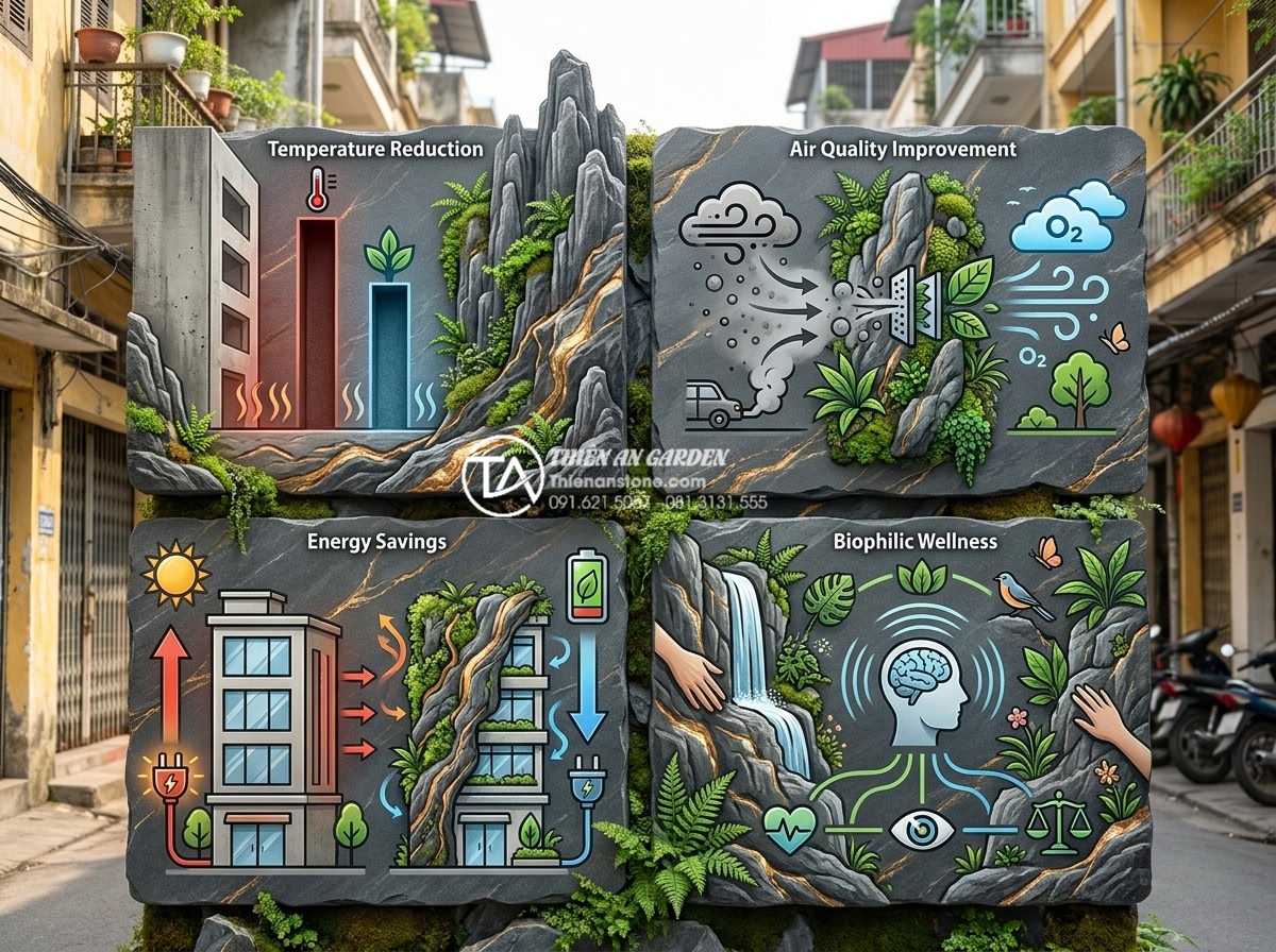 Tiểu cảnh vách tường là gì? 7 xu hướng thiết kế tiểu cảnh vách tường 2026 - Infographic-style image illustrating environmental benefits of natural stone ver