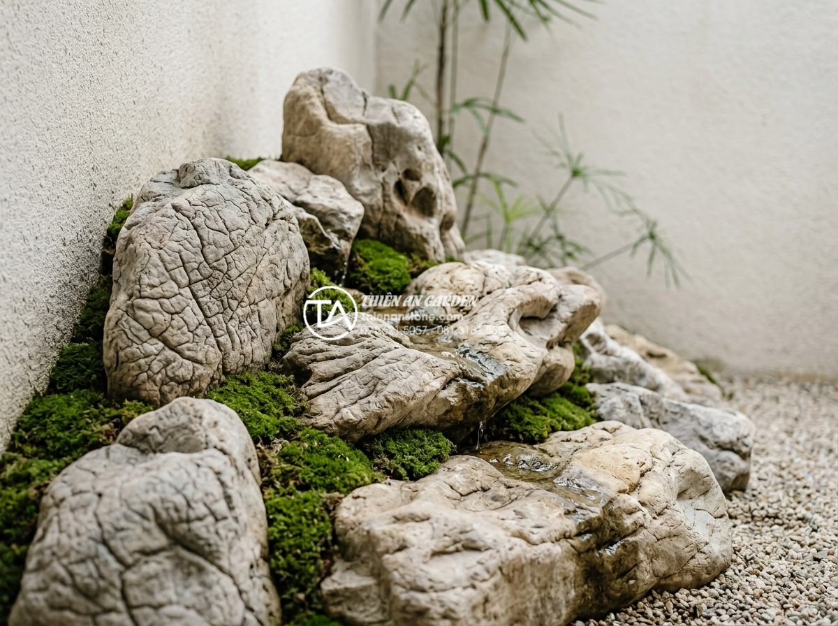 Tiểu cảnh vách tường phong cách Zen: Tìm lại sự bình yên trong tâm hồn - Close-up architectural detail of Zen wall mini landscape demonstrating asymmetry