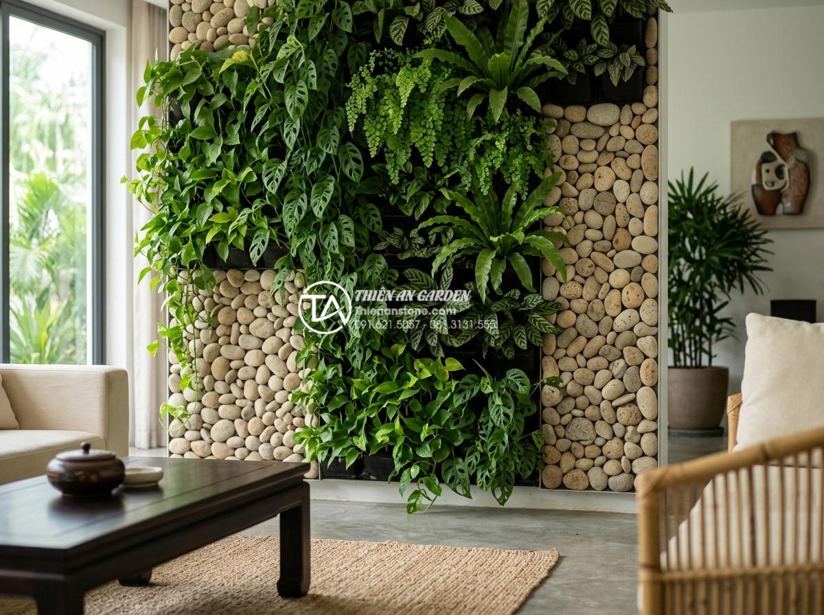 Top 10 loại cây bền bỉ nhất cho tiểu cảnh treo tường trong nhà - A highly detailed photograph of a modern indoor vertical living wall featuring l