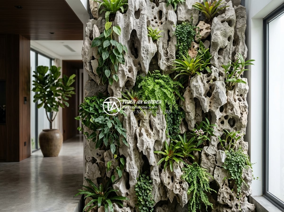 Top 10 loại cây bền bỉ nhất cho tiểu cảnh treo tường trong nhà - Completed professional design of a vertical hanging garden wall using stone elem