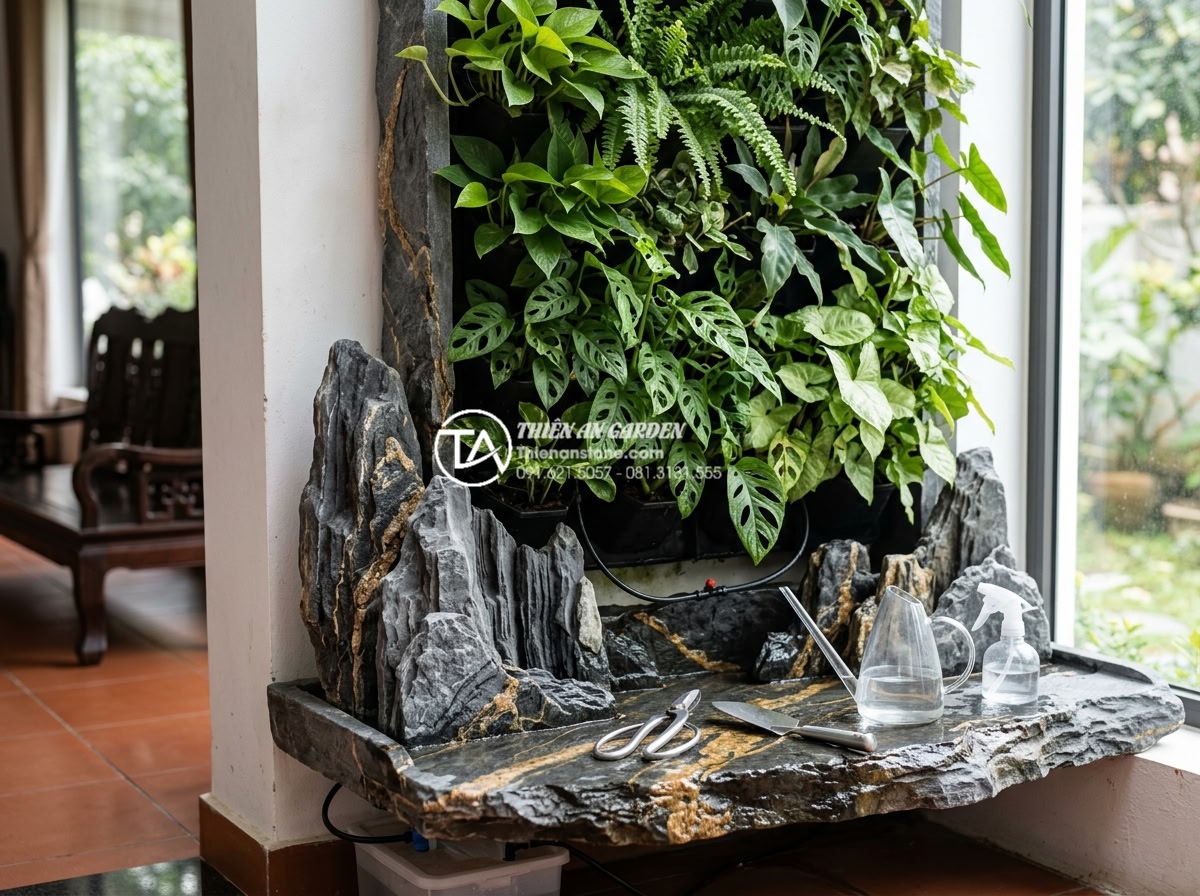 Top 10 loại cây bền bỉ nhất cho tiểu cảnh treo tường trong nhà - Detailed maintenance guide visualization of caring for indoor vertical wall plan