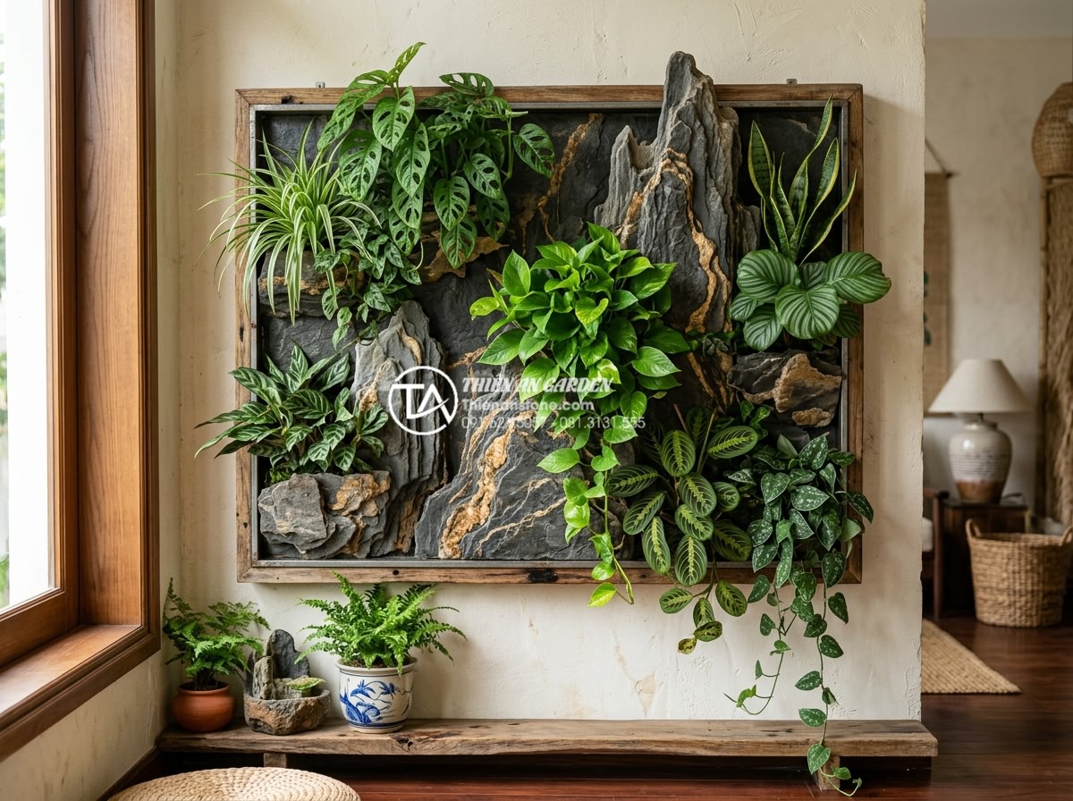 Top 10 loại cây bền bỉ nhất cho tiểu cảnh treo tường trong nhà - Detailed shot of a healthy indoor hanging wall garden featuring resilient plants
