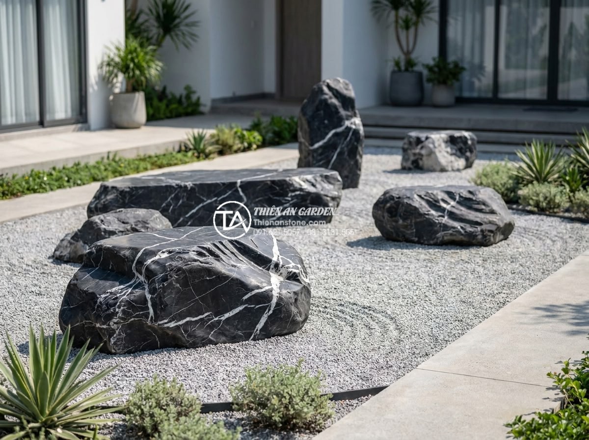 Top 10 loại đá tự nhiên chuyên dùng cho tiểu cảnh khô sân vườn - Hình 9 Top 10 loại đá tự nhiên chuyên dùng cho tiểu cảnh khô sân vườn - Elegant realistic photograph of white limestone rocks in a minimalist dry garden