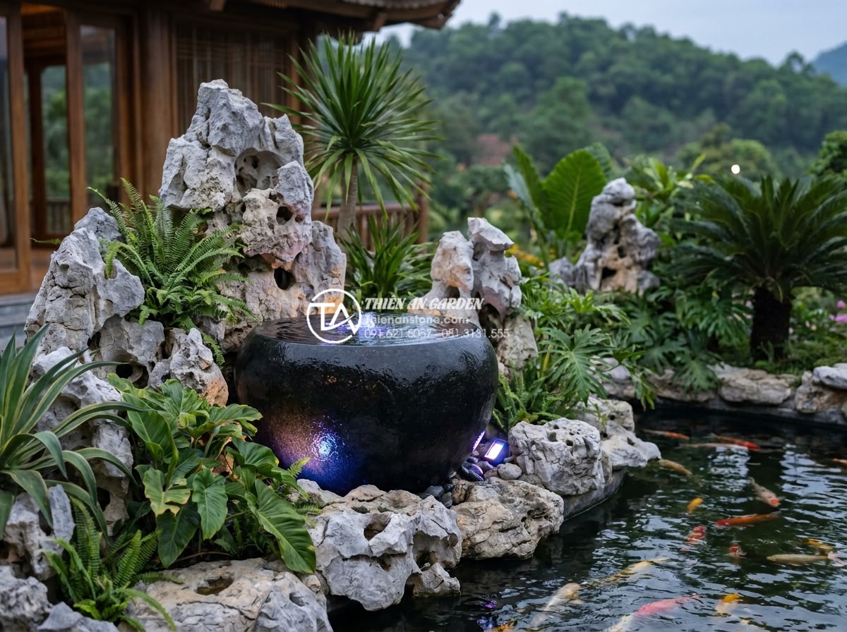 Top 15+ mẫu tiểu cảnh chum nước đẹp, dẫn đầu xu hướng thiết kế năm 2026 - High-resolution realistic photo of a modern sustainable stone water jar landscap