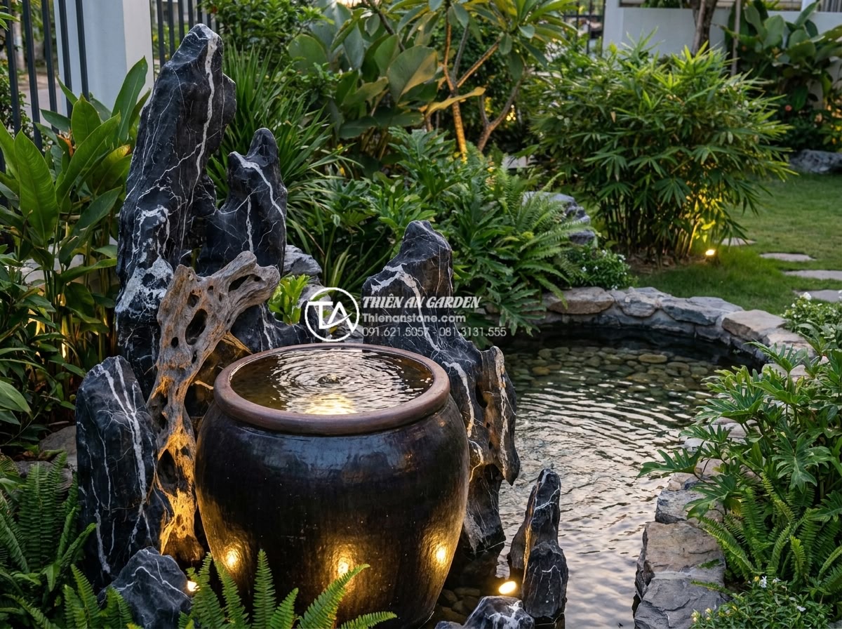 Top 5 địa chỉ cung cấp phụ kiện và chum vại làm tiểu cảnh uy tín nhất - Hình 10 Top 5 địa chỉ cung cấp phụ kiện và chum vại làm tiểu cảnh uy tín nhất - Serene evening scene of a well-maintained Vietnamese home garden with beautifull