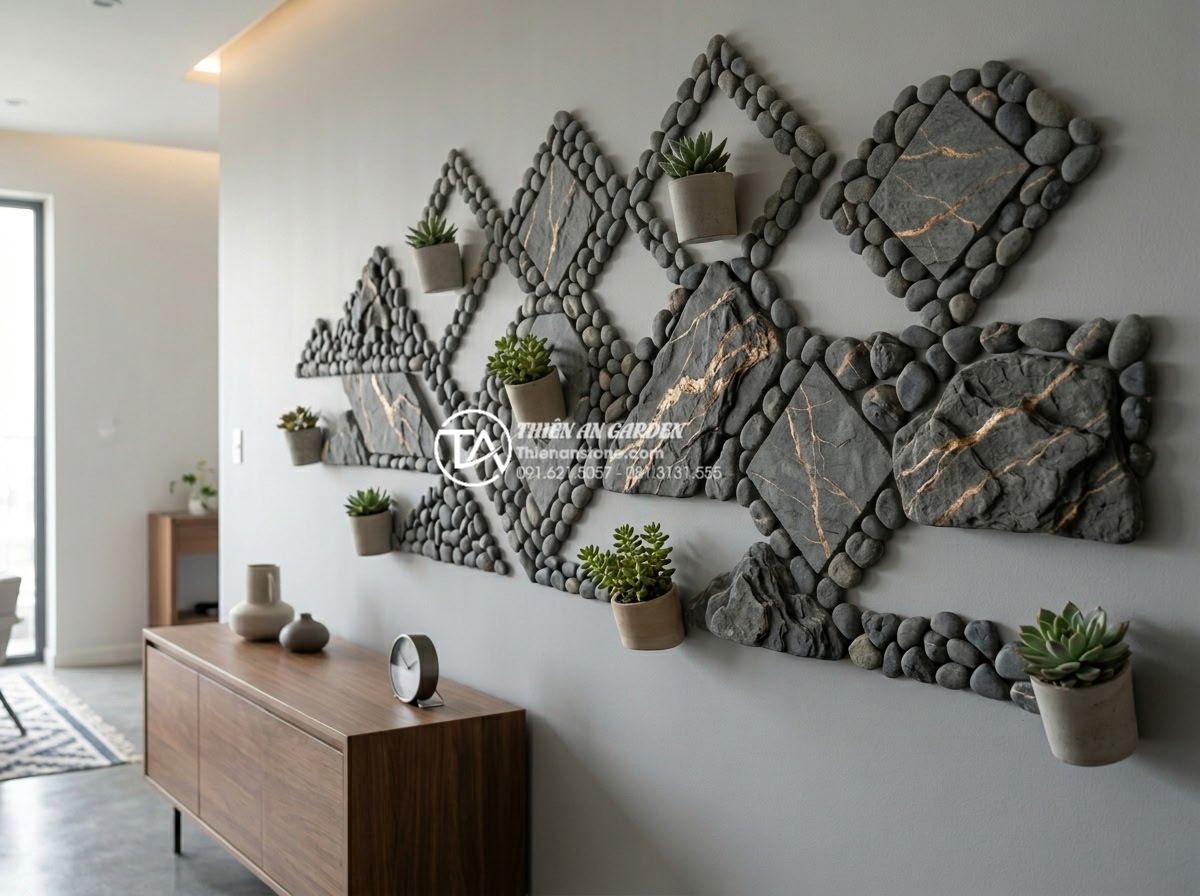 Top 5 phong cách tiểu cảnh vách tường tối giản dành cho người bận rộn - Hình 1 Top 5 phong cách tiểu cảnh vách tường tối giản dành cho người bận rộn - Minimalist wall scene featuring natural river pebbles arranged in clean geometri