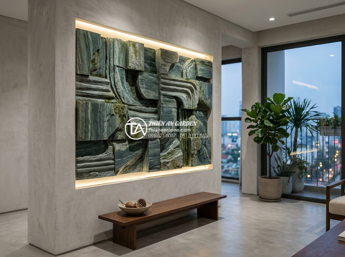 Top 5 phong cách tiểu cảnh vách tường tối giản dành cho người bận rộn - Hình 10 Top 5 phong cách tiểu cảnh vách tường tối giản dành cho người bận rộn - Modern abstract stone carving wall feature in minimalist design with subtle ligh