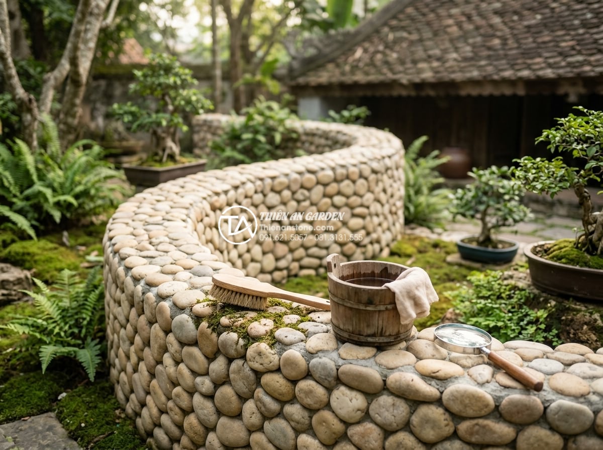 Top 5 phong cách tiểu cảnh vách tường tối giản dành cho người bận rộn - Hình 19 Top 5 phong cách tiểu cảnh vách tường tối giản dành cho người bận rộn - Maintenance tips illustration for minimalist stone wall scenes including cleanin