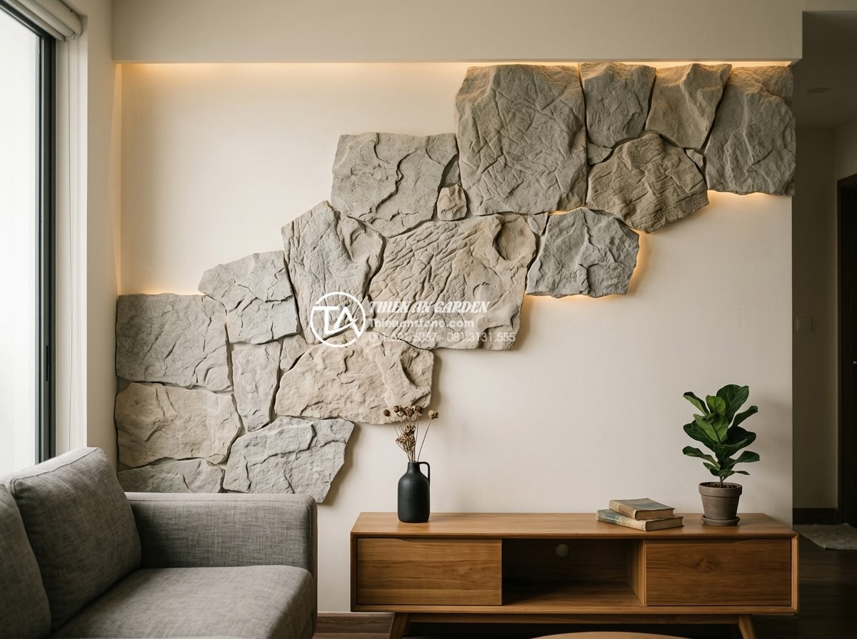 Top 5 phong cách tiểu cảnh vách tường tối giản dành cho người bận rộn - Hình 6 Top 5 phong cách tiểu cảnh vách tường tối giản dành cho người bận rộn - Detailed minimalist natural pebble wall scene arranged asymmetrically with soft