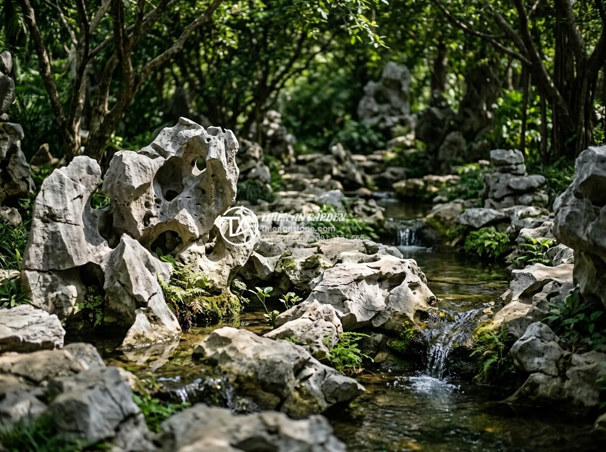 Top 50+ mẫu tiểu cảnh dưới gốc cây đẹp dẫn đầu xu hướng 2026 - Close-up view of carved natural stones forming artistic patterns beneath tree ca
