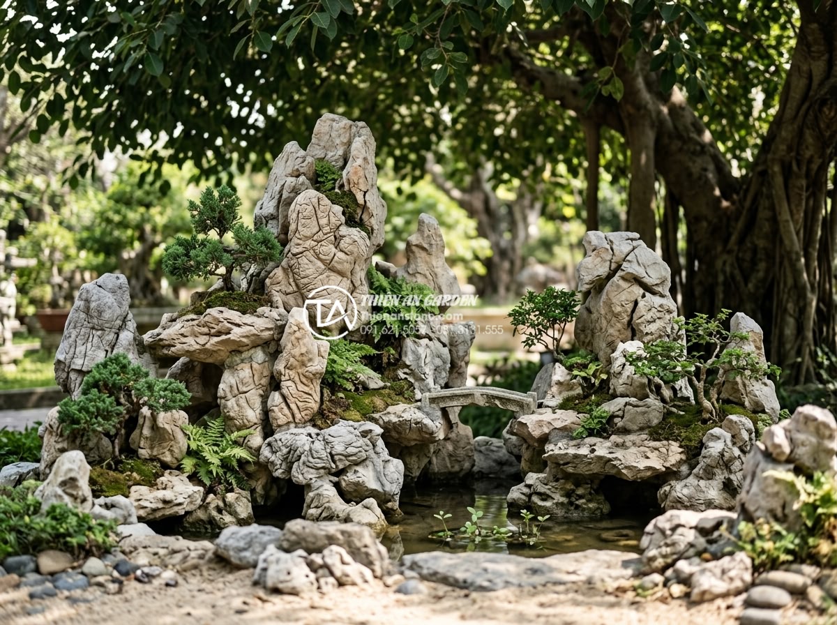 Top 50+ mẫu tiểu cảnh dưới gốc cây đẹp dẫn đầu xu hướng 2026 - Detailed East Asian rockery scene beneath mature tree canopy featuring philosoph