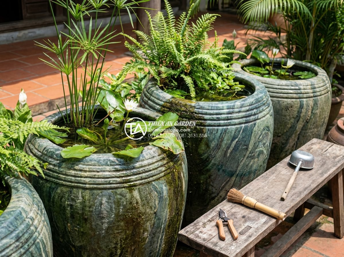 Top 7 loại cây thủy sinh phù hợp nhất để trồng trong tiểu cảnh chum vại - Hình 23 Top 7 loại cây thủy sinh phù hợp nhất để trồng trong tiểu cảnh chum vại - Maintenance tools and healthy plants in stone jar water garden setup