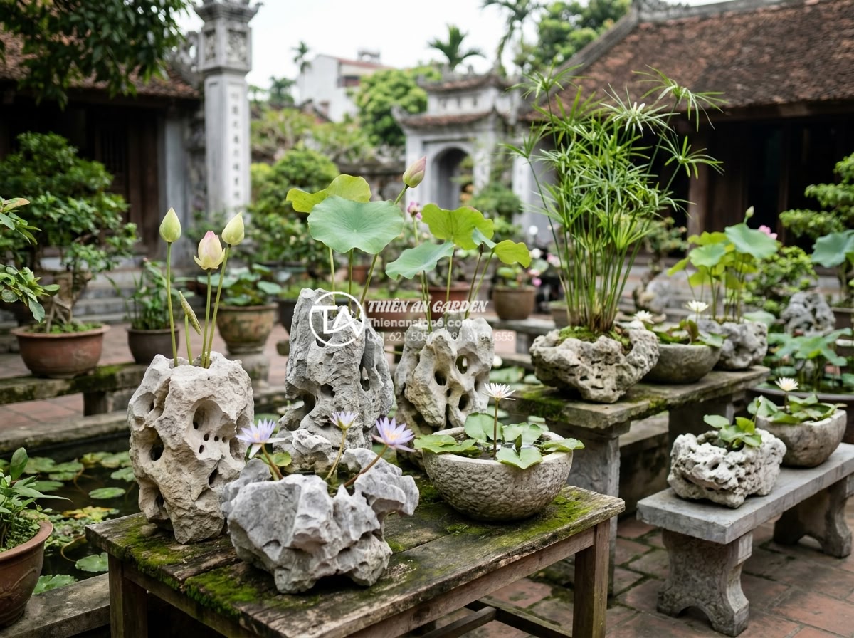 Top 7 loại cây thủy sinh phù hợp nhất để trồng trong tiểu cảnh chum vại - Hình 6 Top 7 loại cây thủy sinh phù hợp nhất để trồng trong tiểu cảnh chum vại - Various aquatic plants arranged next to different types of natural stone vases t