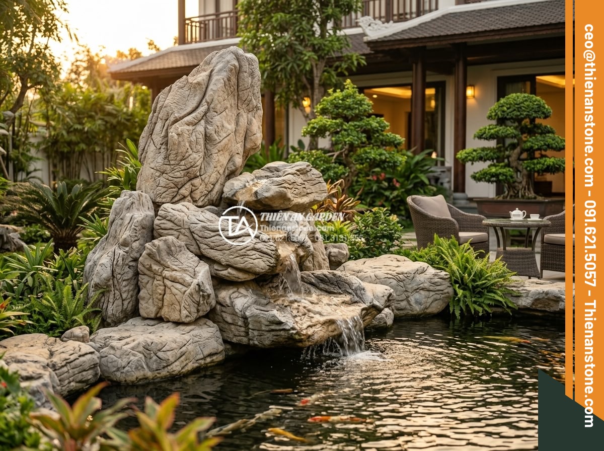 Vấn đề tiếng ồn thác nước: Cách điều chỉnh âm thanh tiểu cảnh nước chảy êm ái - Hình 10 Vấn đề tiếng ồn thác nước: Cách điều chỉnh âm thanh tiểu cảnh nước chảy êm ái - Final professional image of a stunning completed natural stone water feature pro