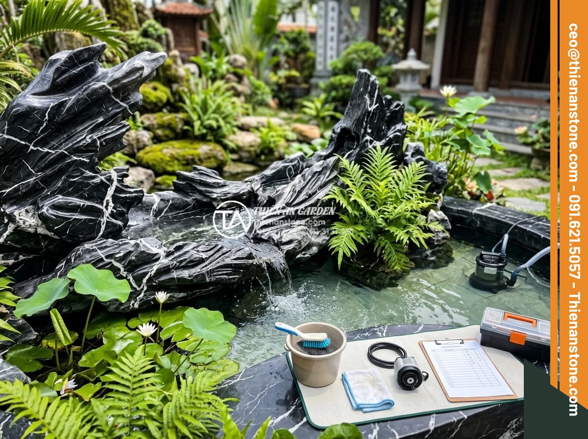 Vấn đề tiếng ồn thác nước: Cách điều chỉnh âm thanh tiểu cảnh nước chảy êm ái - Hình 8 Vấn đề tiếng ồn thác nước: Cách điều chỉnh âm thanh tiểu cảnh nước chảy êm ái - Maintenance scene of a beautiful natural stone water feature in a Vietnamese gar