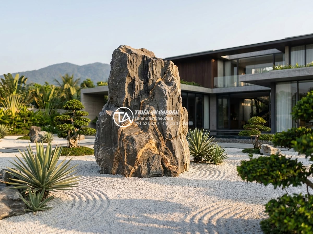 Xu hướng sử dụng đá cảnh tự nhiên nguyên khối trong tiểu cảnh khô sân vườn 2026 - Photorealistic wide-angle view of a luxurious modern Vietnamese villa garden fea