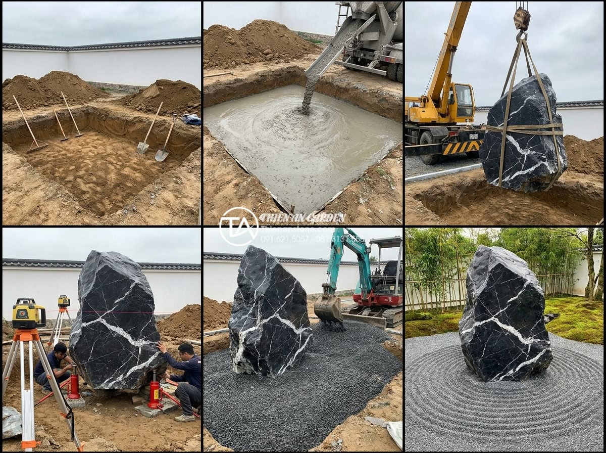 Xu hướng sử dụng đá cảnh tự nhiên nguyên khối trong tiểu cảnh khô sân vườn 2026 - Step-by-step professional installation sequence collage of monolithic stone plac