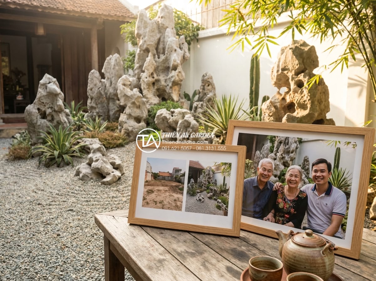 Xu hướng sử dụng đá cảnh tự nhiên nguyên khối trong tiểu cảnh khô sân vườn 2026 - Client testimonial collage with happy family and resort owner in their completed