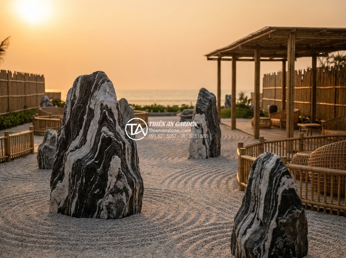 Xu hướng sử dụng đá cảnh tự nhiên nguyên khối trong tiểu cảnh khô sân vườn 2026 - Wide panoramic view of an eco-luxury resort dry garden at golden hour with multi