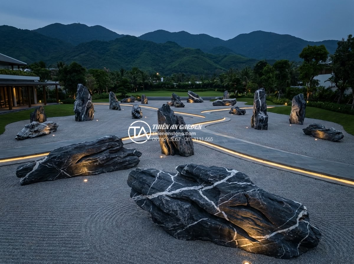 Xu hướng sử dụng đá cảnh tự nhiên nguyên khối trong tiểu cảnh khô sân vườn 2026 - Aerial drone shot of an expansive dry garden courtyard at a high-end resort in D