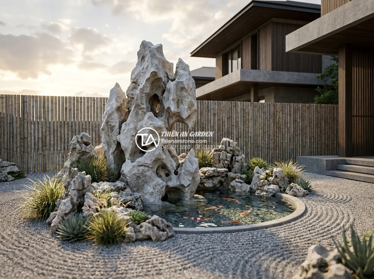 Xu hướng sử dụng đá cảnh tự nhiên nguyên khối trong tiểu cảnh khô sân vườn 2026 - Elegant dry garden design rendering showing a large monolithic stone integrated 