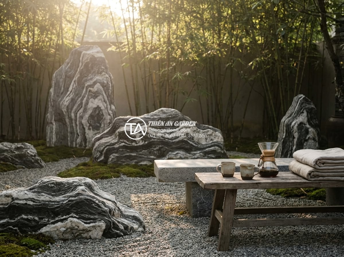 Xu hướng sử dụng đá cảnh tự nhiên nguyên khối trong tiểu cảnh khô sân vườn 2026 - Serene lifestyle image of a family enjoying morning coffee in a beautifully desi