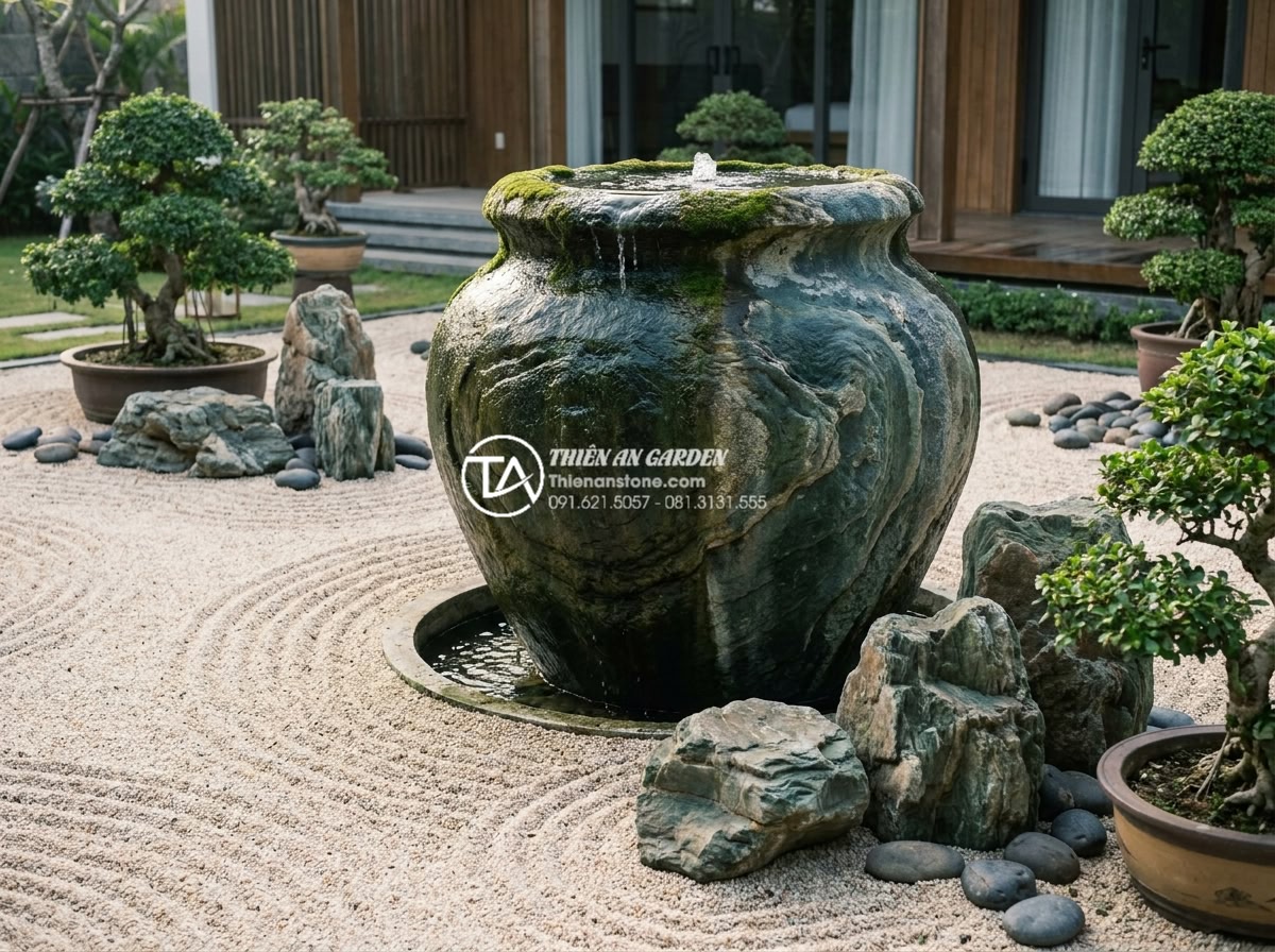 Xu hướng thiết kế tiểu cảnh chum nước phong cách thiền Zen cho biệt thự - Luxurious villa garden featuring a large natural stone Zen water jar fountain wi