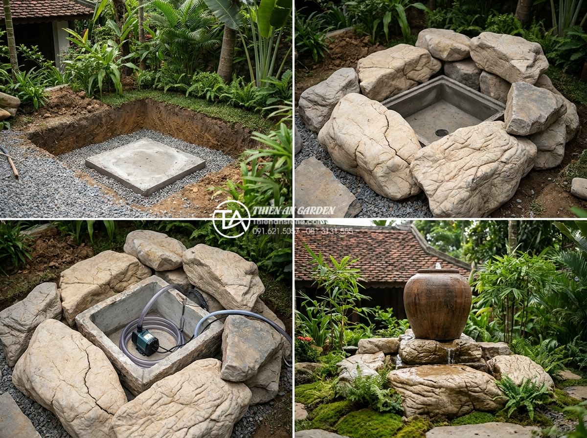 Xu hướng thiết kế tiểu cảnh chum nước phong cách thiền Zen cho biệt thự - Professional construction process of Zen water jar landscape in villa garden sho