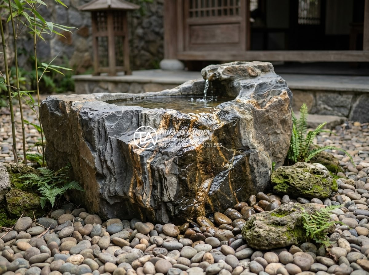 Xu hướng thiết kế tiểu cảnh chum nước phong cách thiền Zen cho biệt thự - Rustic natural pebble stone Zen water jar design in a villa garden with smooth r