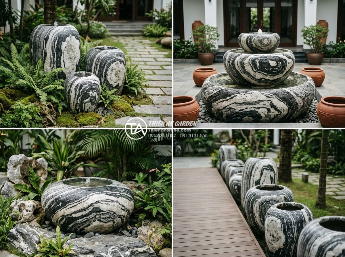 Xu hướng thiết kế tiểu cảnh chum nước phong cách thiền Zen cho biệt thự - Multiple variations of pebble stone water urn landscapes including different siz