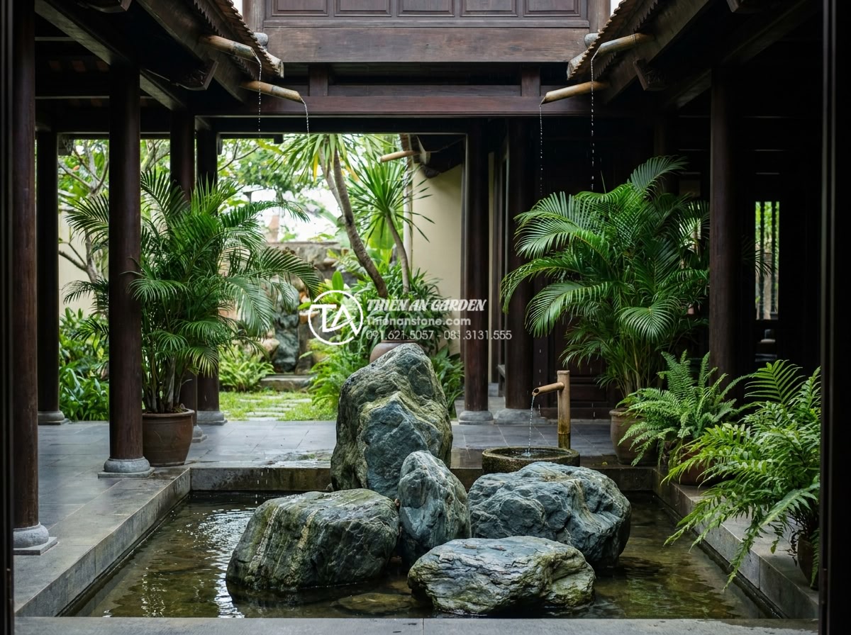Xu hướng thiết kế tiểu cảnh chum nước phong cách thiền Zen cho biệt thự - Integration of Zen water feature into traditional Vietnamese villa architecture 