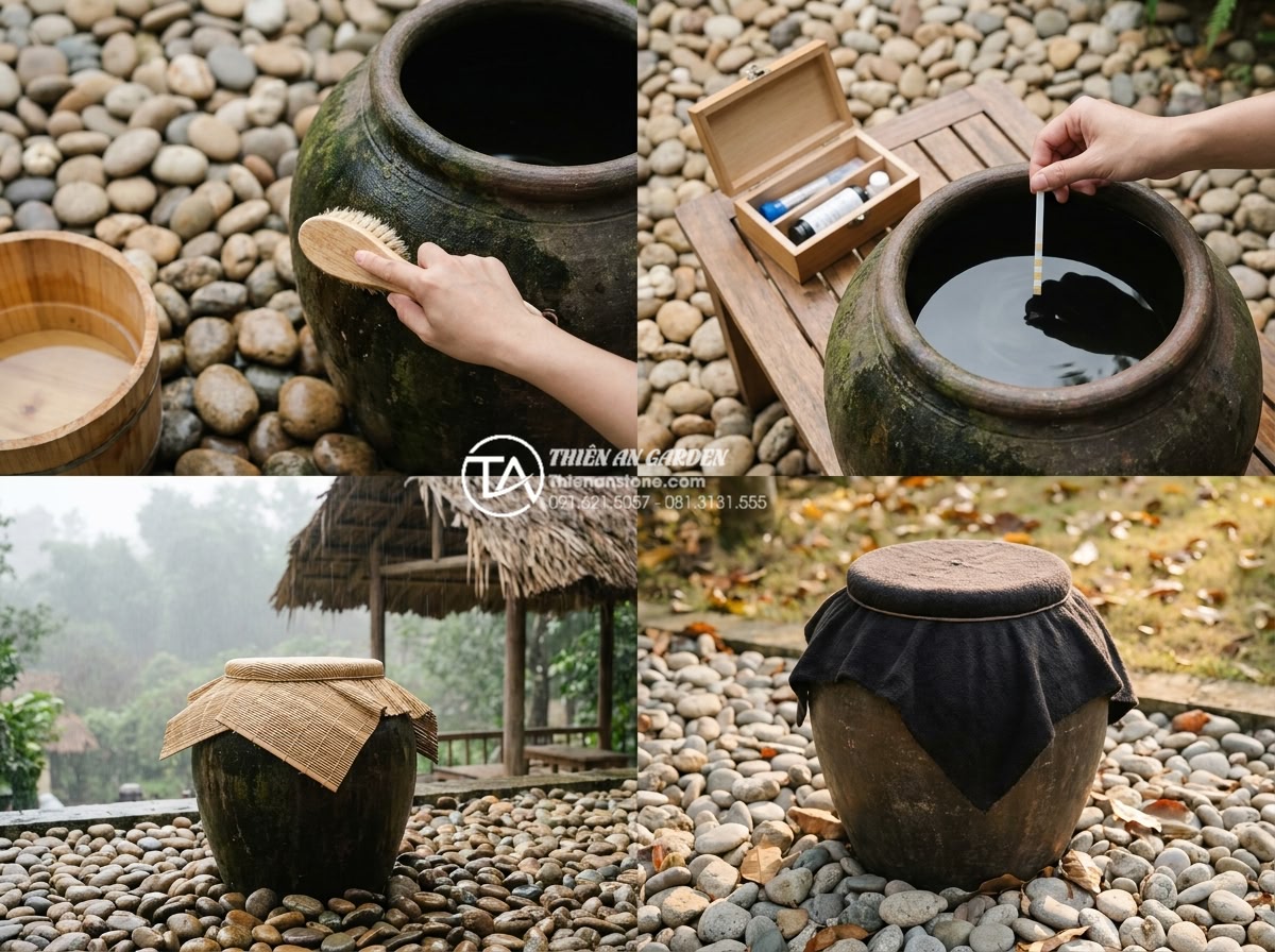 Xu hướng thiết kế tiểu cảnh chum nước phong cách thiền Zen cho biệt thự - Maintenance guide visual for Zen water jar with cleaning process, water quality 