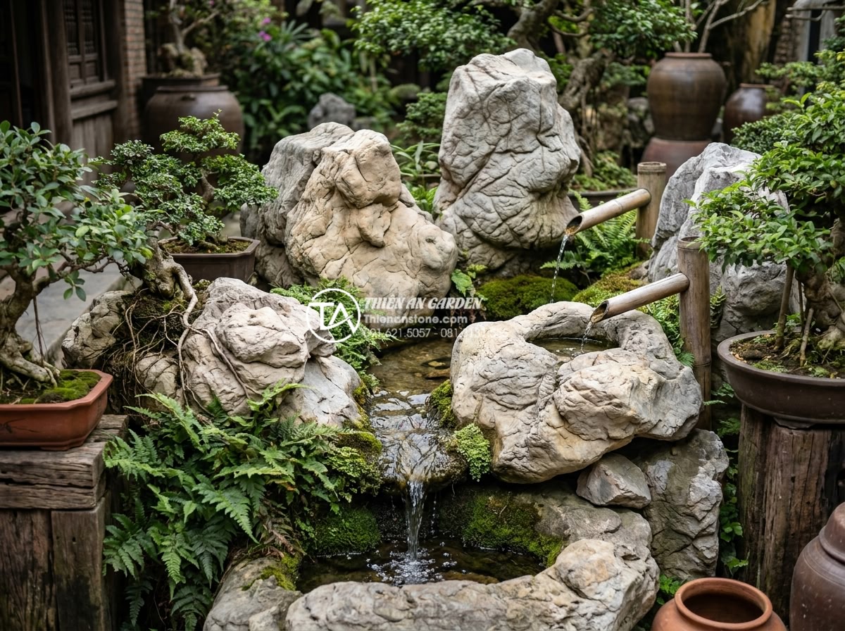 Xu hướng thiết kế tiểu cảnh chum nước phong cách thiền Zen cho biệt thự - Long-term cared Zen water feature showing vibrant natural stones, clear flowing 