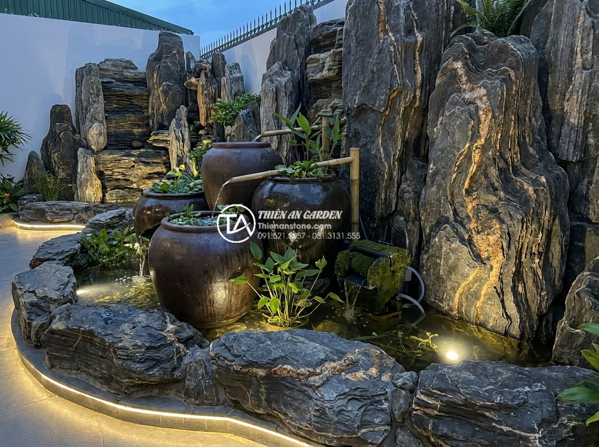 Xu hướng thiết kế tiểu cảnh chum nước phong cách thiền Zen cho biệt thự - Eco-friendly Zen water jar landscape in tropical villa backyard showing water re