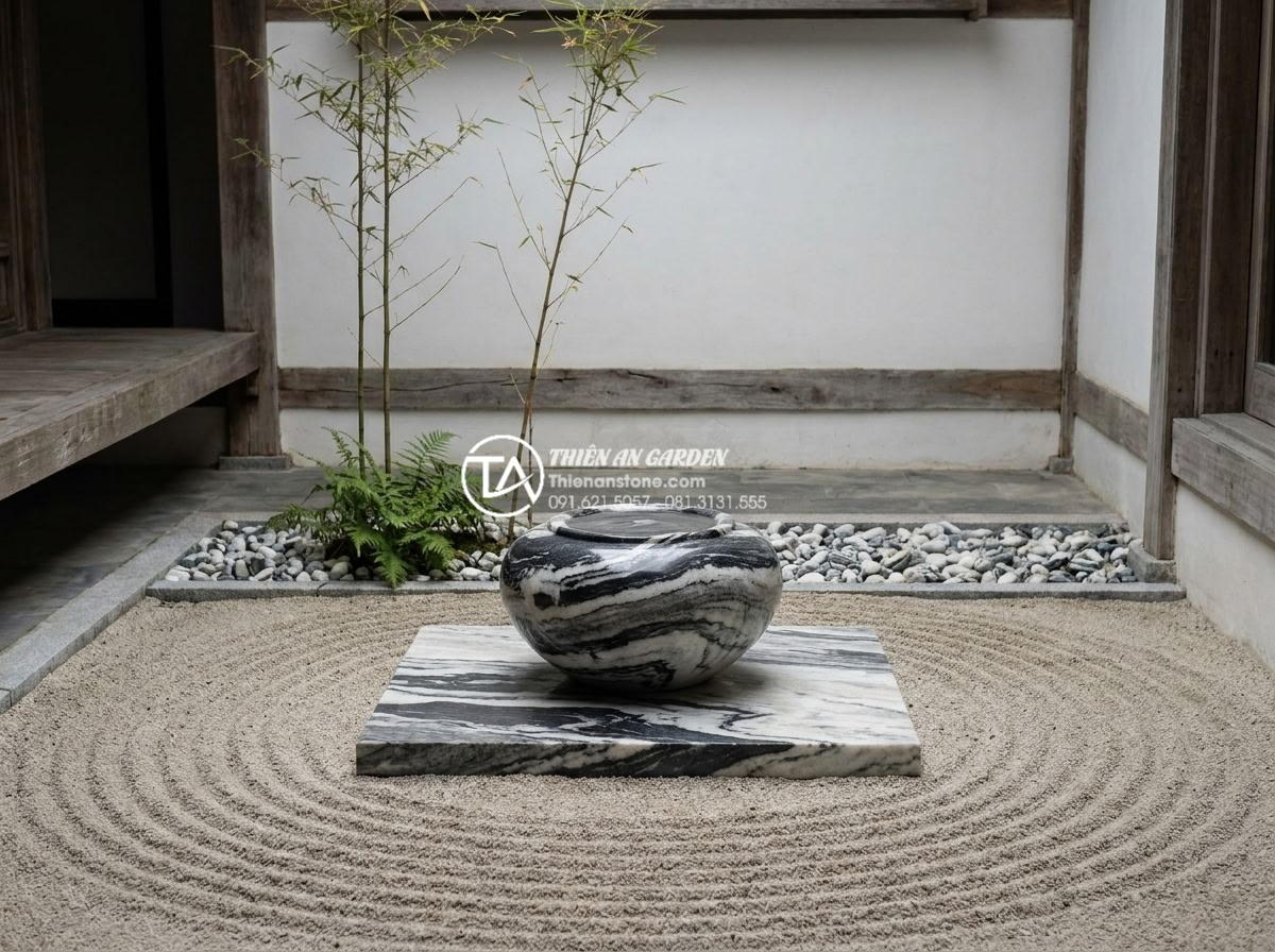 Xu hướng thiết kế tiểu cảnh chum nước phong cách thiền Zen cho biệt thự - Minimalist Zen design principles illustrated in a villa water feature with perfe