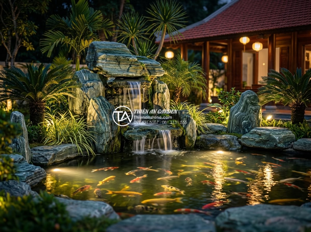 Xu hướng tiểu cảnh nước kết hợp hồ cá Koi: Đẳng cấp sân vườn biệt thự 2026 - Nighttime photorealistic view of a stunning villa garden illuminated by warm LED