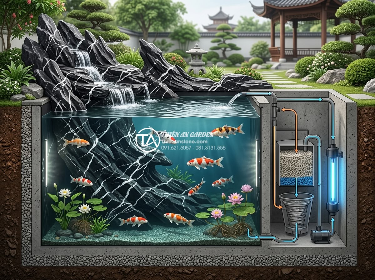 Xu hướng tiểu cảnh nước kết hợp hồ cá Koi: Đẳng cấp sân vườn biệt thự 2026 - Technical yet artistic photorealistic cross-section diagram style image showing 