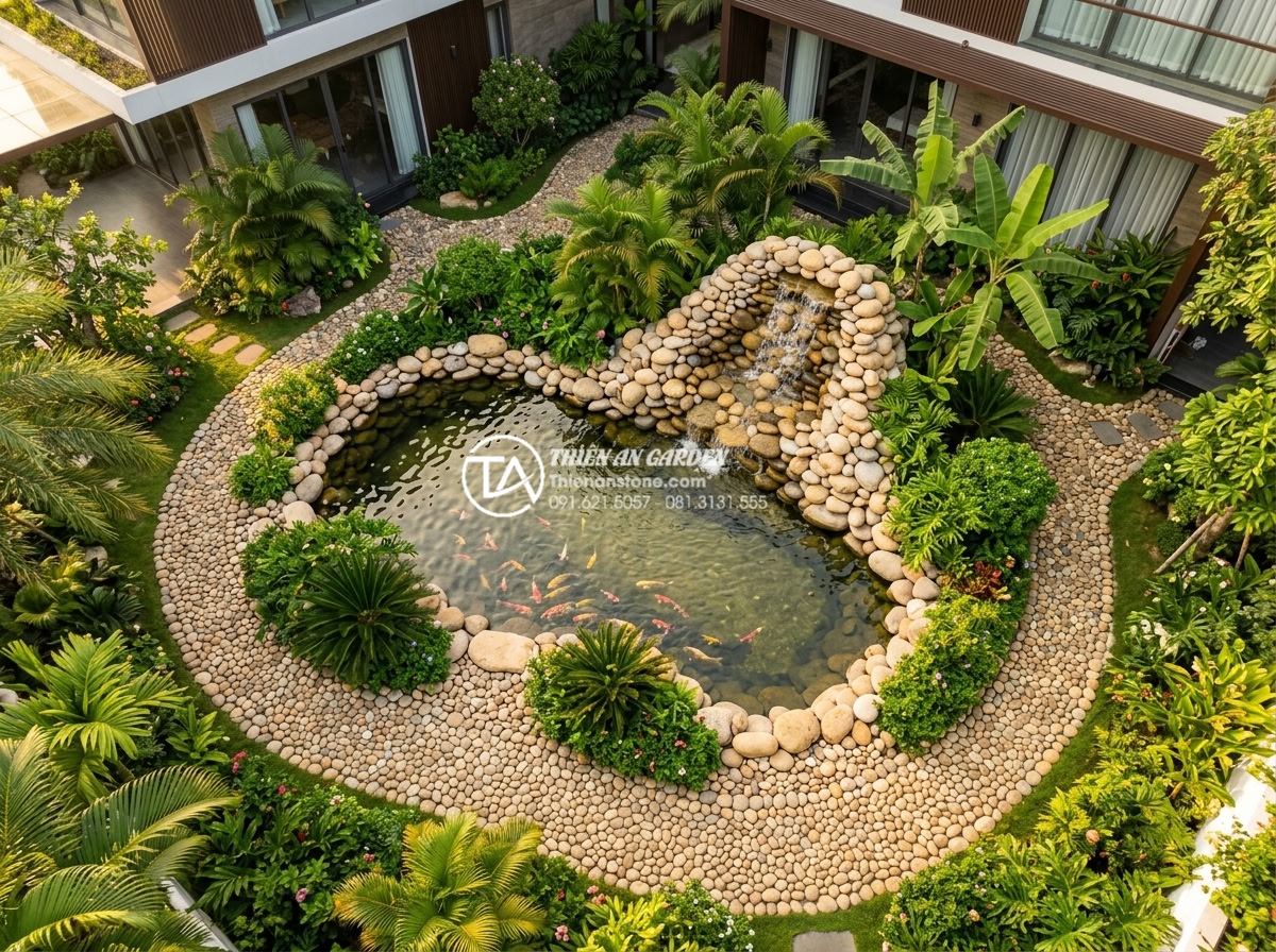Xu hướng tiểu cảnh nước kết hợp hồ cá Koi: Đẳng cấp sân vườn biệt thự 2026 - Beautiful photorealistic overhead drone-style view of a perfectly designed luxur