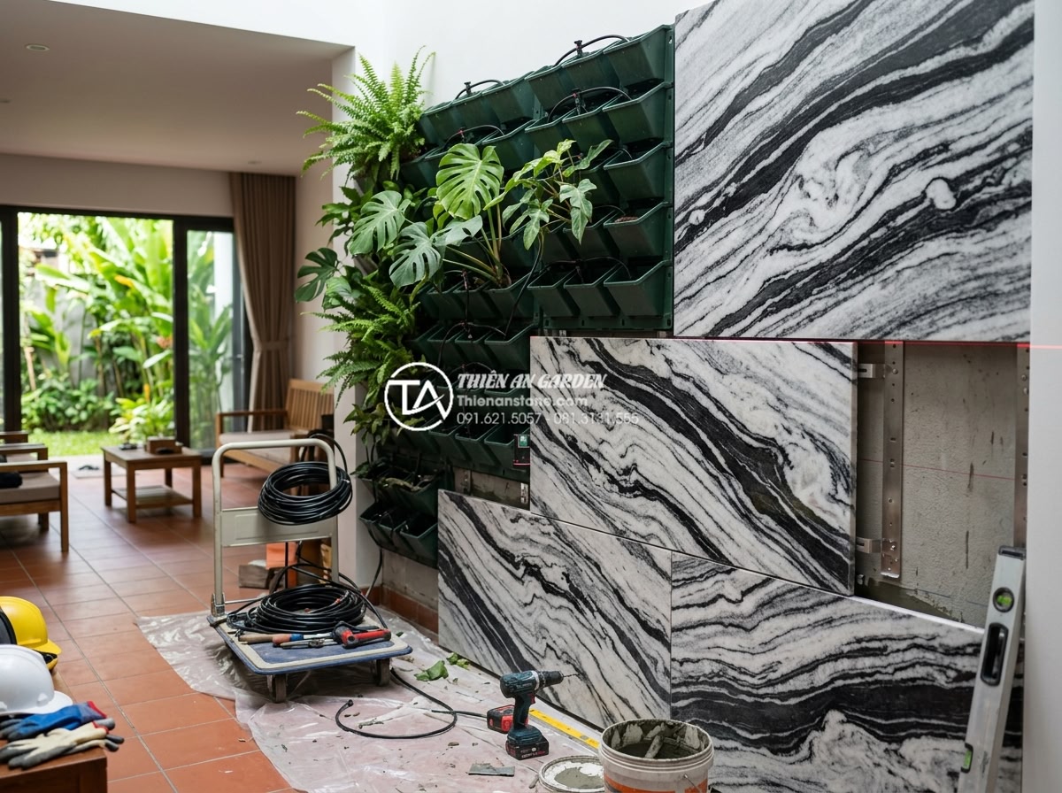 Xu hướng tiểu cảnh vách tường Tropical: Mang rừng nhiệt đới vào phòng khách - Hình 11 Xu hướng tiểu cảnh vách tường Tropical: Mang rừng nhiệt đới vào phòng khách - Professional installation process of tropical wall scene showing workers mountin