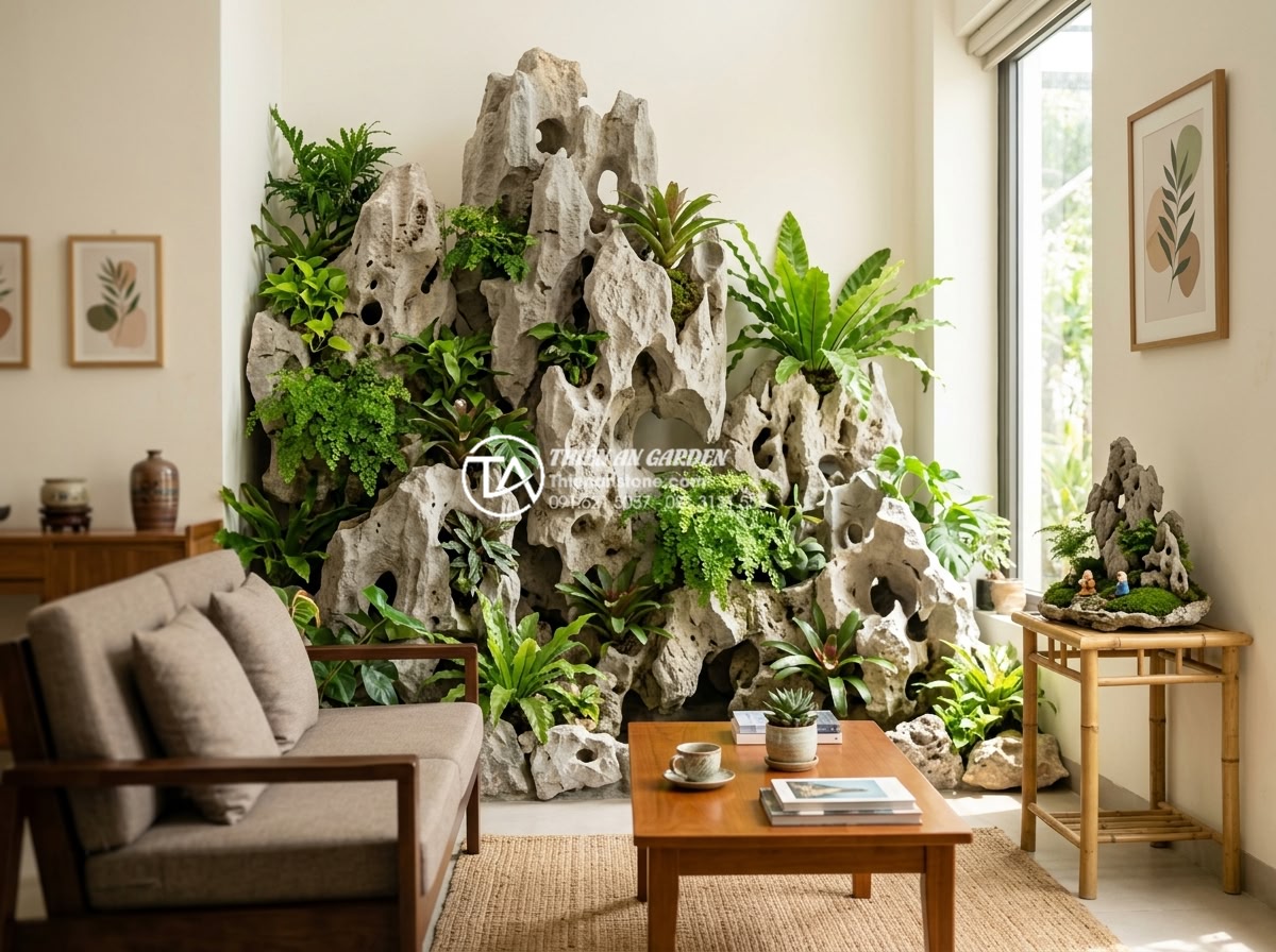 Xu hướng tiểu cảnh vách tường Tropical: Mang rừng nhiệt đới vào phòng khách - Hình 16 Xu hướng tiểu cảnh vách tường Tropical: Mang rừng nhiệt đới vào phòng khách - Long-term investment visuals showing beautiful tropical wall scene in living roo