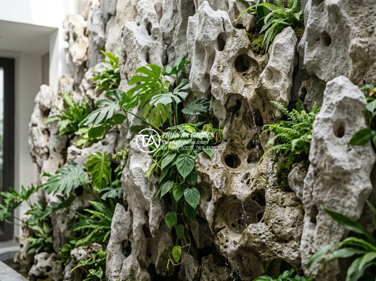 Xu hướng tiểu cảnh vách tường Tropical: Mang rừng nhiệt đới vào phòng khách - Hình 2 Xu hướng tiểu cảnh vách tường Tropical: Mang rừng nhiệt đới vào phòng khách - Close-up view of tropical wall garden with layered natural stones, vibrant tropi