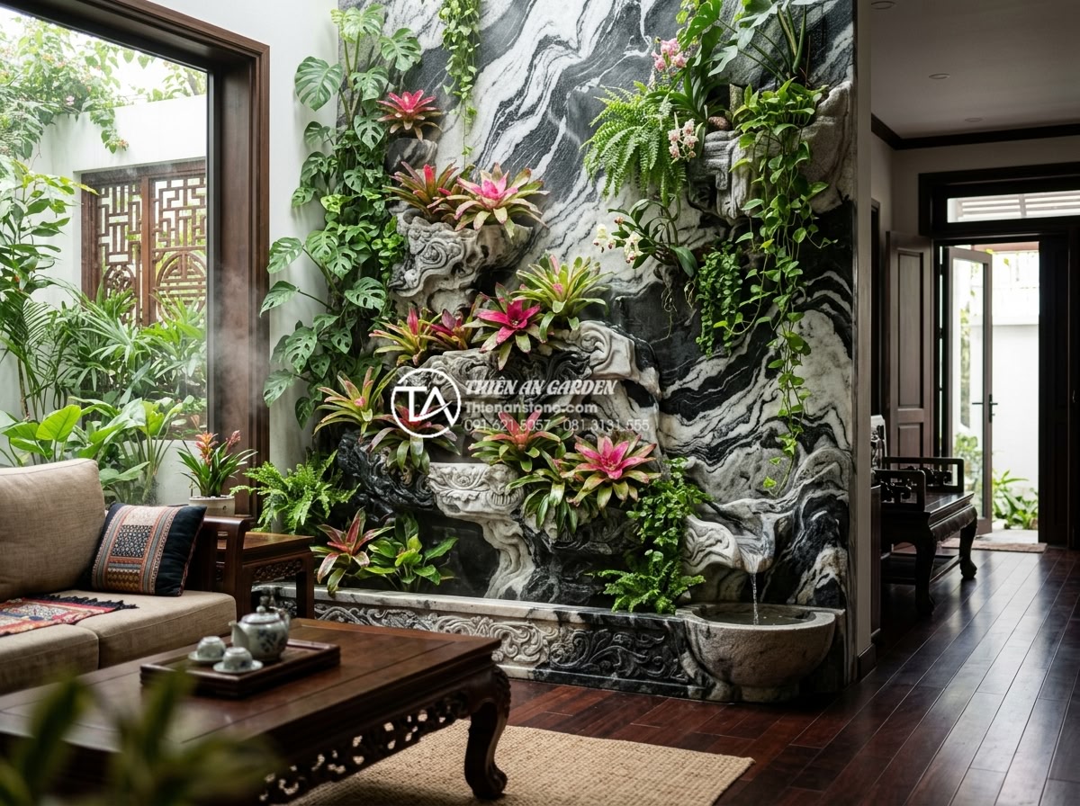Xu hướng tiểu cảnh vách tường Tropical: Mang rừng nhiệt đới vào phòng khách - Hình 4 Xu hướng tiểu cảnh vách tường Tropical: Mang rừng nhiệt đới vào phòng khách - Vibrant tropical wall with colorful bromeliads, cascading vines over carved ston