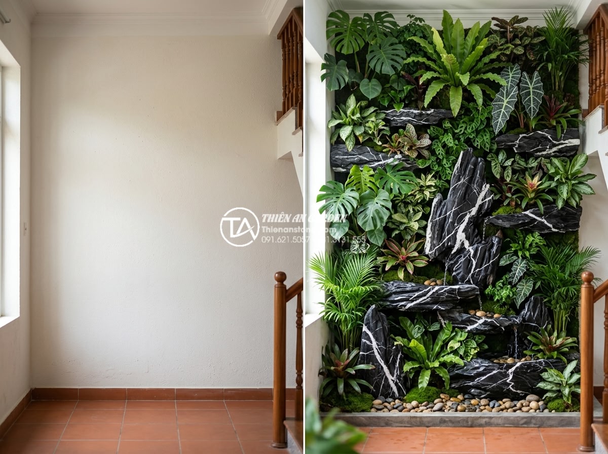 Xu hướng tiểu cảnh vách tường Tropical: Mang rừng nhiệt đới vào phòng khách - Hình 6 Xu hướng tiểu cảnh vách tường Tropical: Mang rừng nhiệt đới vào phòng khách - Before and after comparison of plain living room wall transformed into lush trop