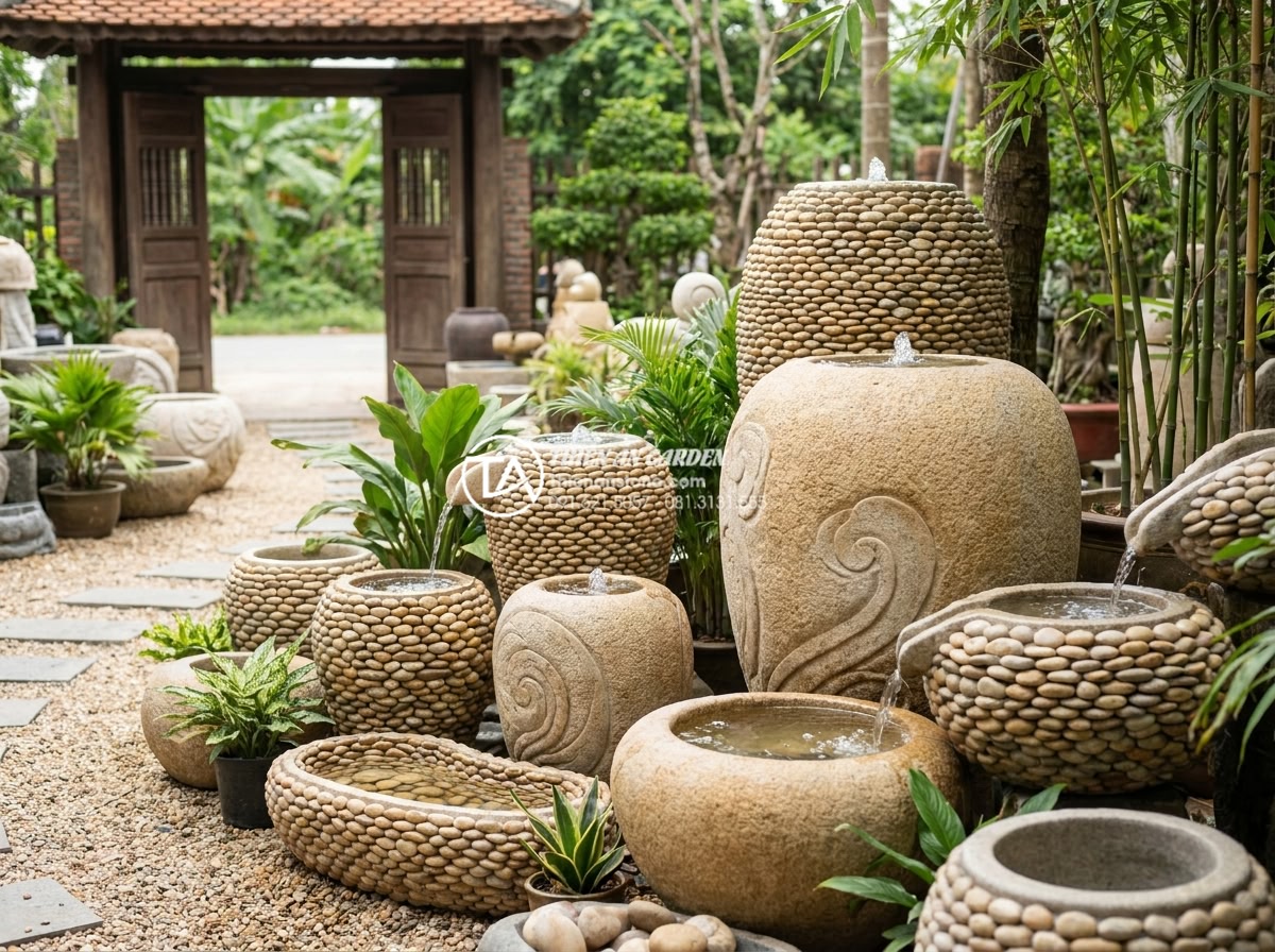 Ý nghĩa phong thủy của tiểu cảnh chum nước: Cách đặt lu nước thu hút tài lộc - Variety of handcrafted natural stone water jars in different sizes and designs d