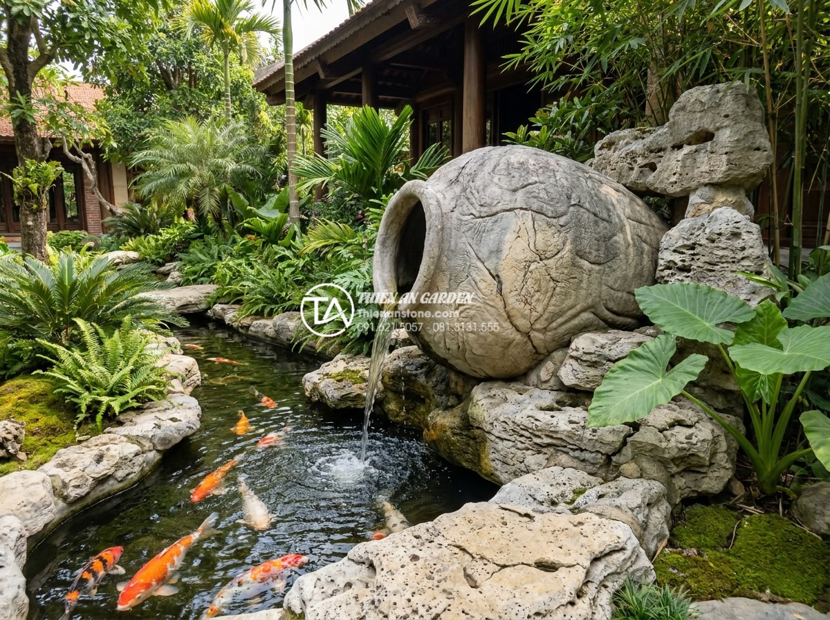 Ý nghĩa phong thủy của tiểu cảnh chum nước: Cách đặt lu nước thu hút tài lộc - Stunning integrated natural stone water jar landscape with koi pond and rockery 