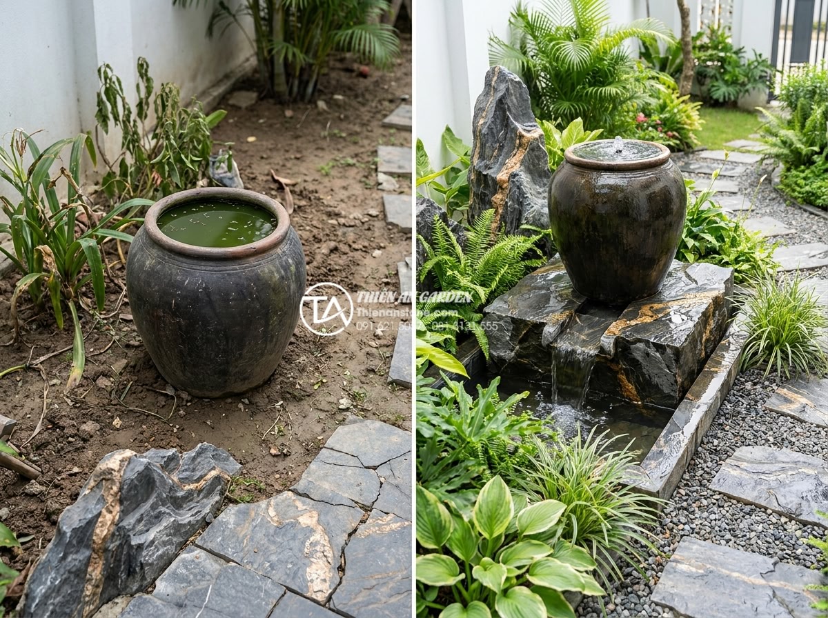 Ý nghĩa phong thủy của tiểu cảnh chum nước: Cách đặt lu nước thu hút tài lộc - Before and after comparison of a Vietnamese home garden with feng shui water jar