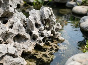 5 Sai lầm phổ biến khi dùng đá Seiryu trong trang trí cảnh quan hồ cá - Close-up view of authentic Seiryu stones with blue-gray color, white mineral vei