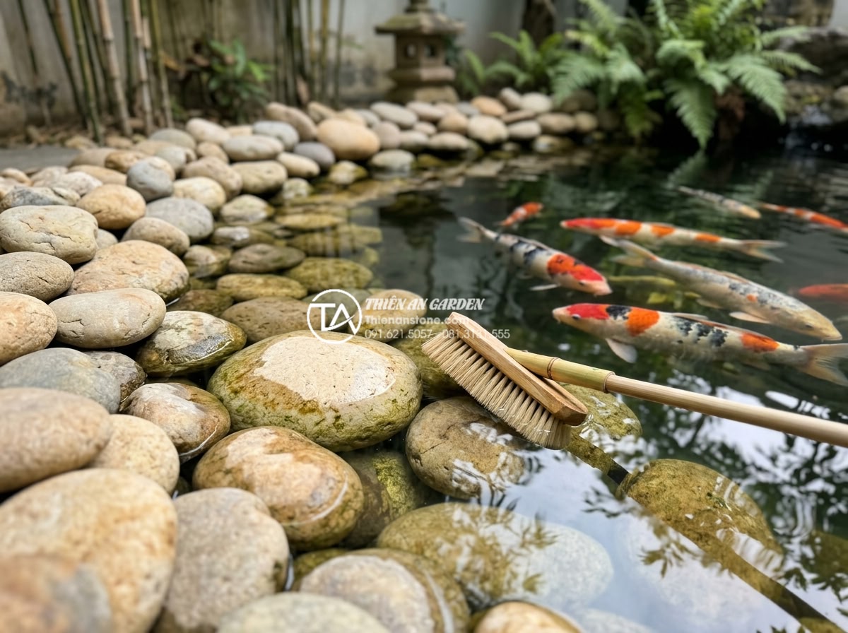 5 Sai lầm phổ biến khi dùng đá Seiryu trong trang trí cảnh quan hồ cá - Maintenance process of Seiryu stones in Koi pond: worker gently brushing algae w