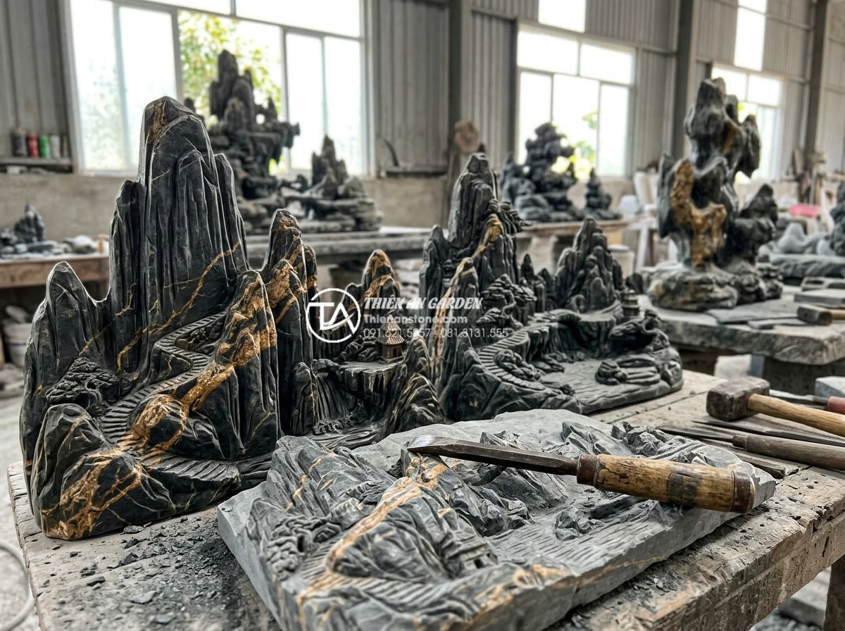 7 Loại đá trầm tích phổ biến nhất trong xây dựng và mỹ nghệ - Close-up professional photograph of skilled Vietnamese artisans hand-carving int